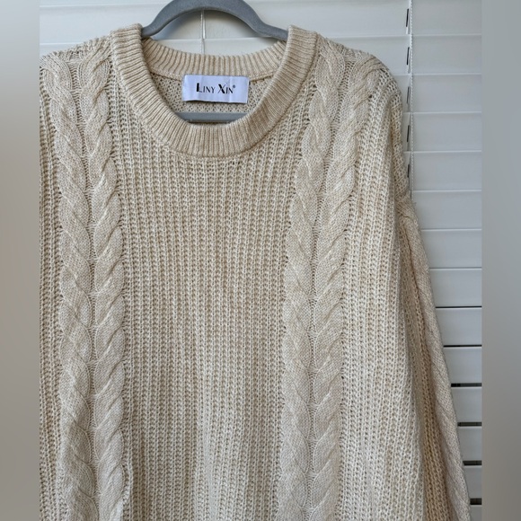 Liny Xin Sweater Womens Large Ivory Merino Wool Blend Cable Knit Long Pullover L - Picture 3 of 8